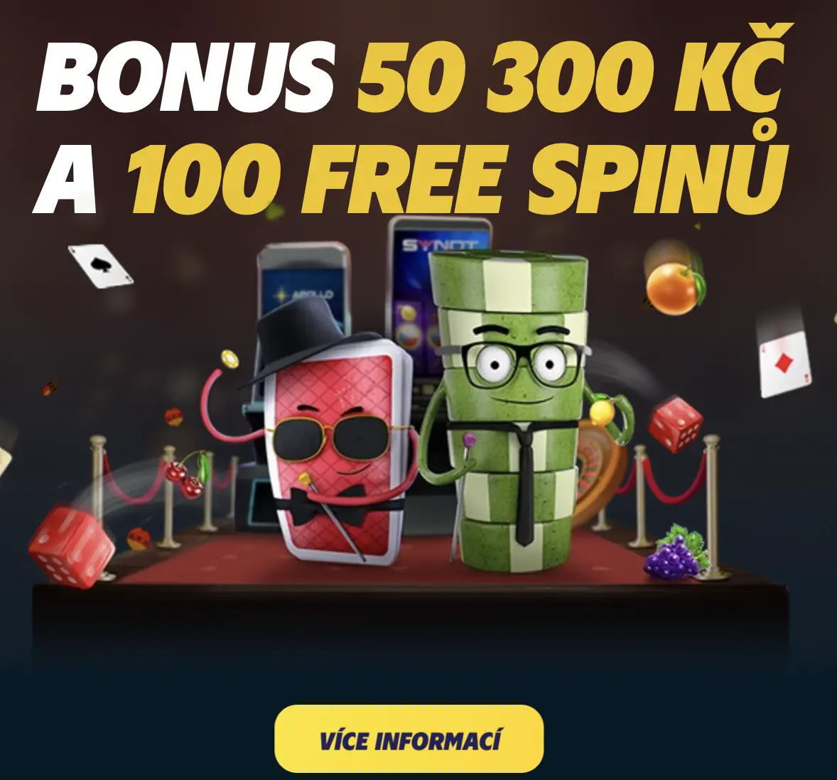 Získejte bonus 50 300 Kč a 100 free spinů v Radioservis Hry – výhodná nabídka pro nové hráče Radioservis Hry bonus 50 300 Kč a 100 free spinů s postavami karty a žetonu na červeném koberci